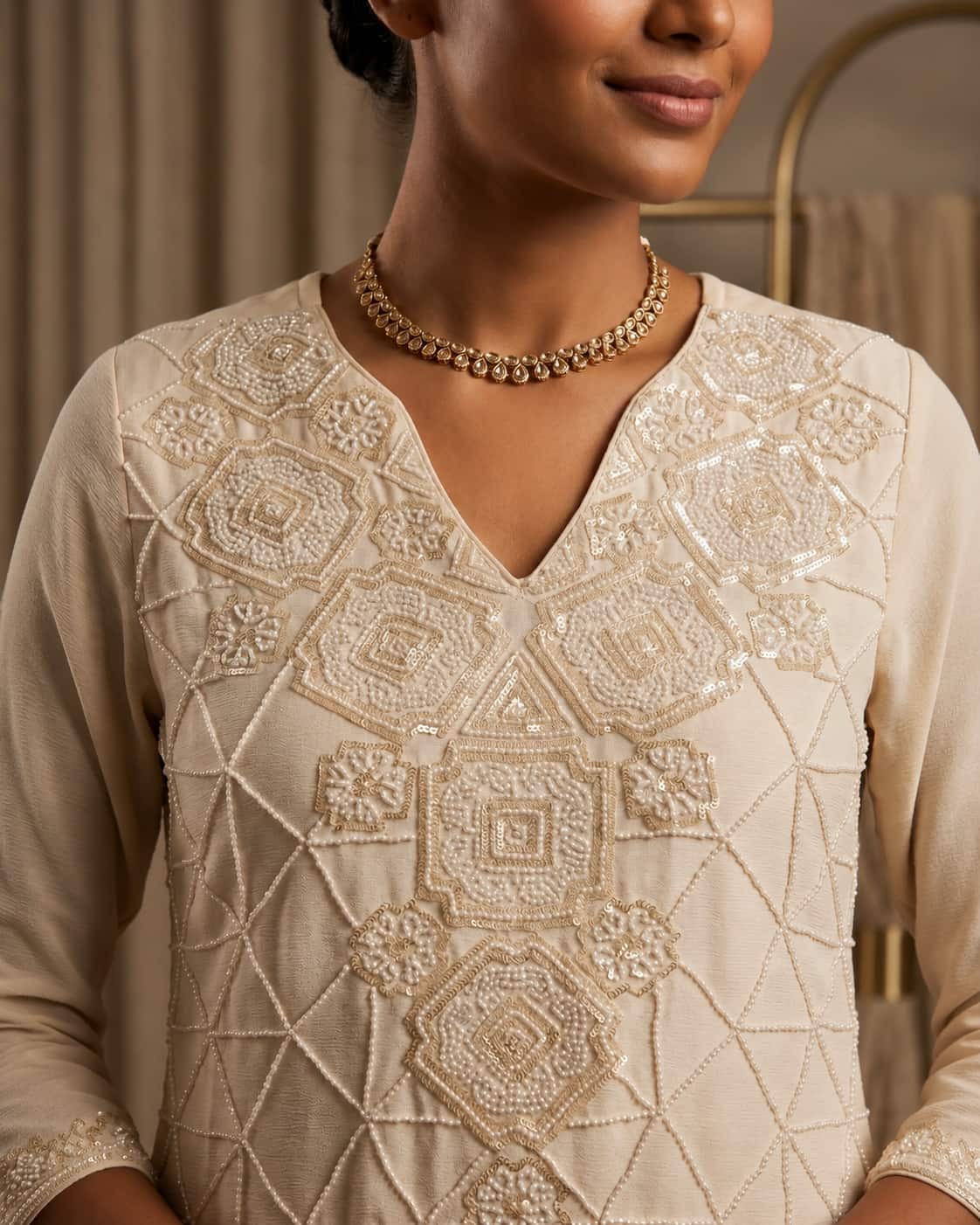 Premium Chinon Beads Work Palazzo Suit Set - Ivory