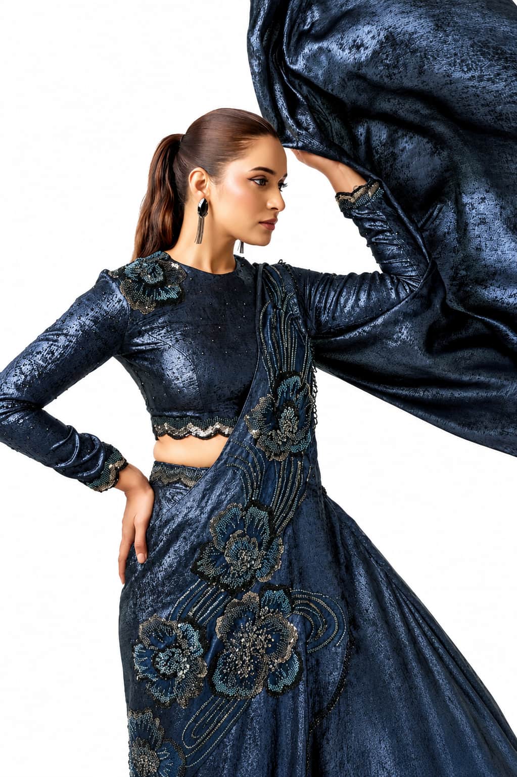 Midnight Blue Metallic Lustrous Satin Silk Beads Cutdana Sequin Work Lehenga Saree