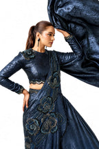 Midnight Blue Metallic Lustrous Satin Silk Beads Cutdana Sequin Work Lehenga Saree