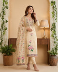 Cream Pure Banarasi Cotton Machine Work Readymade Suit with Banarasi Dupatta