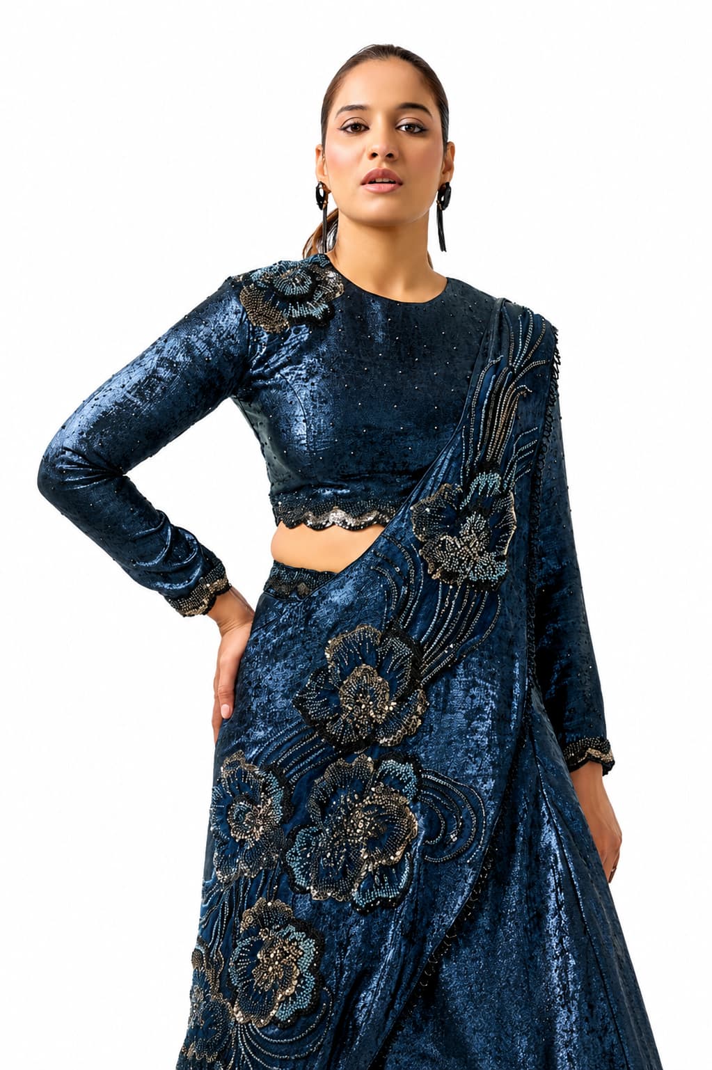 Midnight Blue Metallic Lustrous Satin Silk Beads Cutdana Sequin Work Lehenga Saree