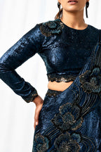Midnight Blue Metallic Lustrous Satin Silk Beads Cutdana Sequin Work Lehenga Saree