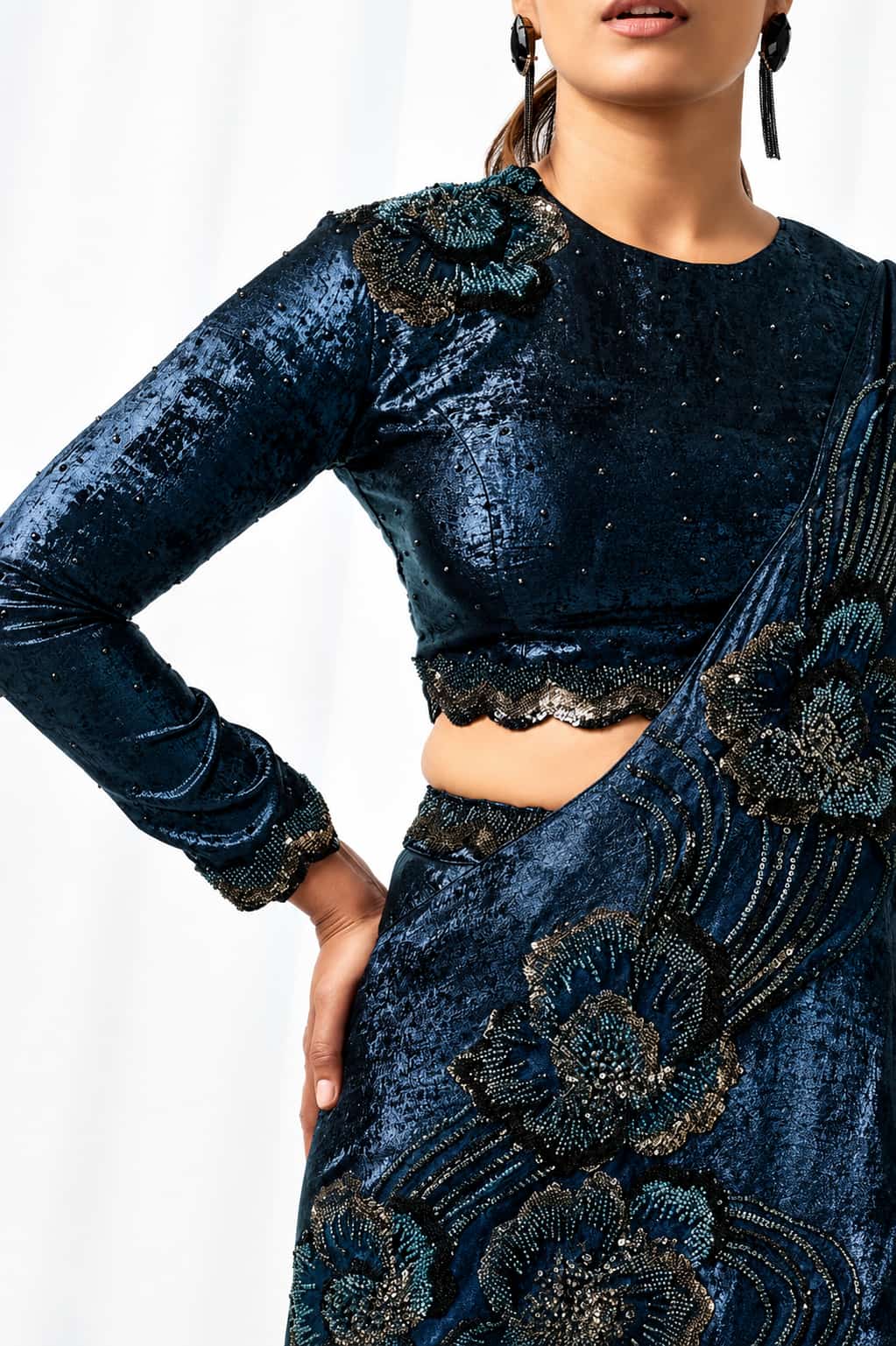 Midnight Blue Metallic Lustrous Satin Silk Beads Cutdana Sequin Work Lehenga Saree