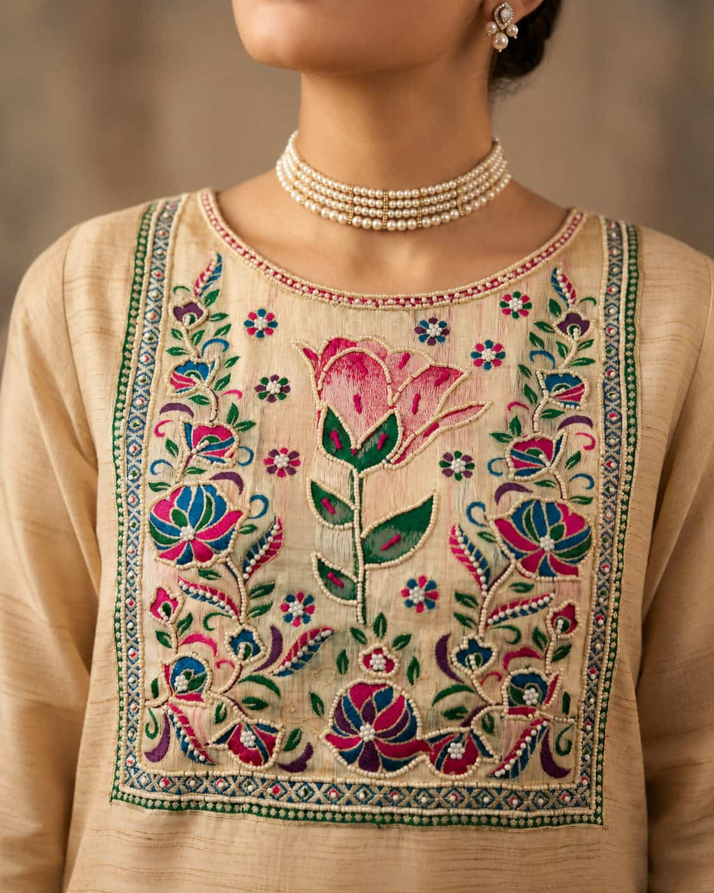 Cream Pure Banarasi Cotton Machine Work Readymade Suit with Banarasi Dupatta