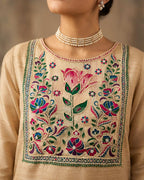 Cream Pure Banarasi Cotton Machine Work Readymade Suit with Banarasi Dupatta