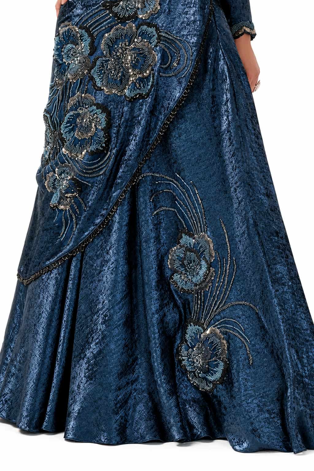 Midnight Blue Metallic Lustrous Satin Silk Beads Cutdana Sequin Work Lehenga Saree