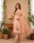 Peach Pure Banarasi Cotton Machine Work Readymade Suit with Banarasi Dupatta
