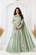 Sage Green Metallic Lustrous Satin Silk Leaf Motifs Cutdana Sequin Work Lehenga Saree