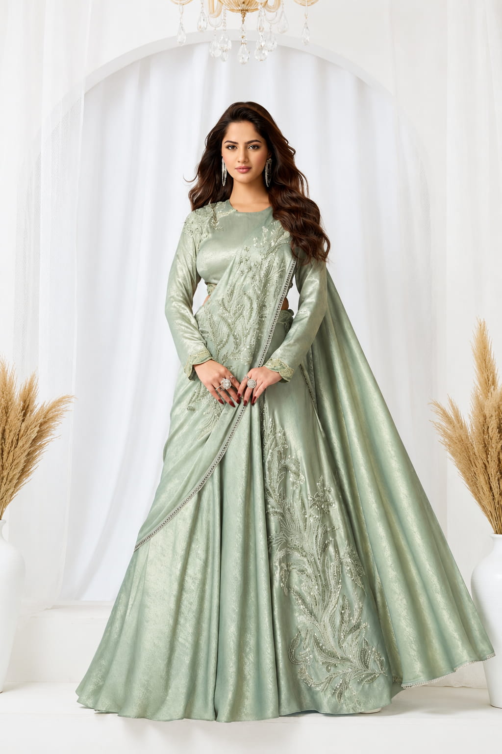 Sage Green Metallic Lustrous Satin Silk Leaf Motifs Cutdana Sequin Work Lehenga Saree