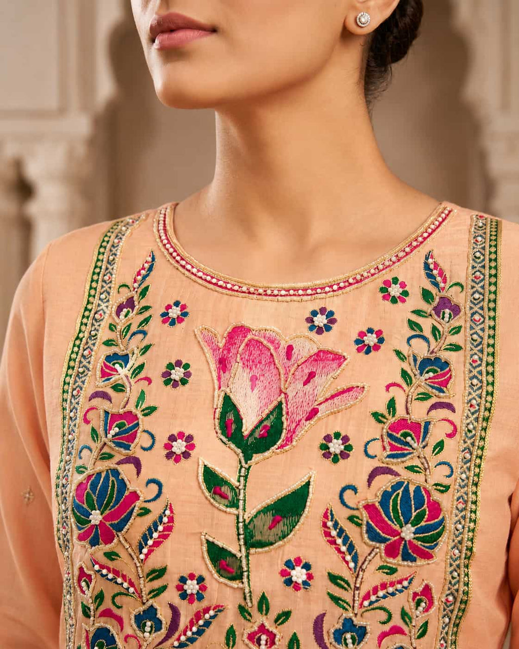 Peach Pure Banarasi Cotton Machine Work Readymade Suit with Banarasi Dupatta