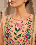 Peach Pure Banarasi Cotton Machine Work Readymade Suit with Banarasi Dupatta