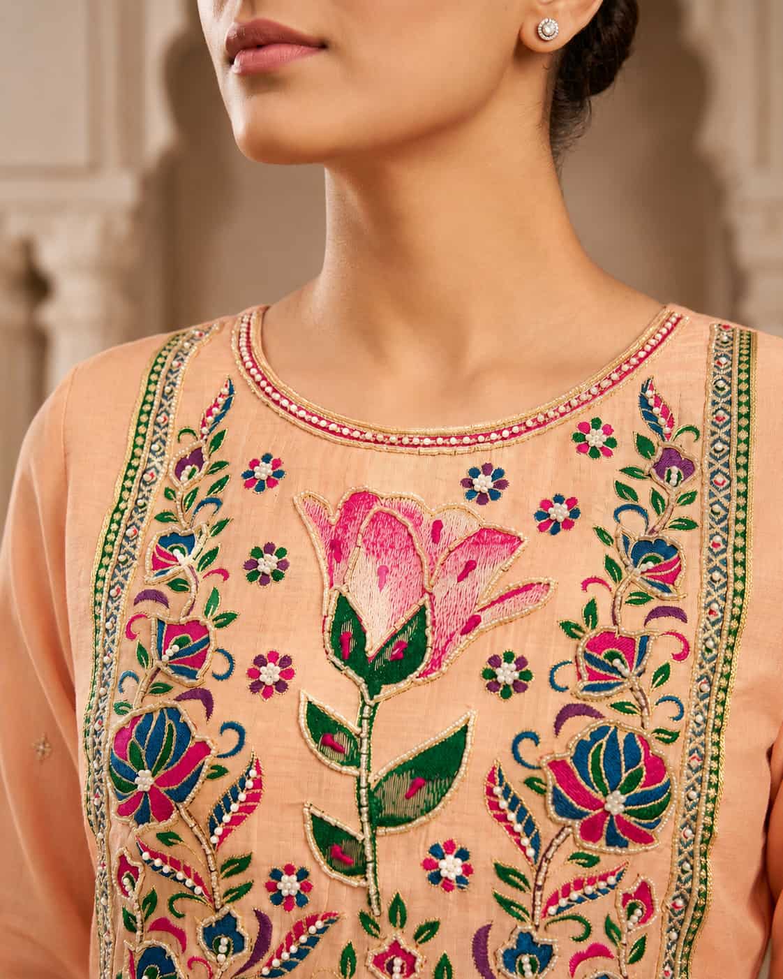 Peach Pure Banarasi Cotton Machine Work Readymade Suit with Banarasi Dupatta