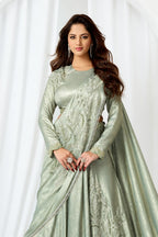 Sage Green Metallic Lustrous Satin Silk Leaf Motifs Cutdana Sequin Work Lehenga Saree