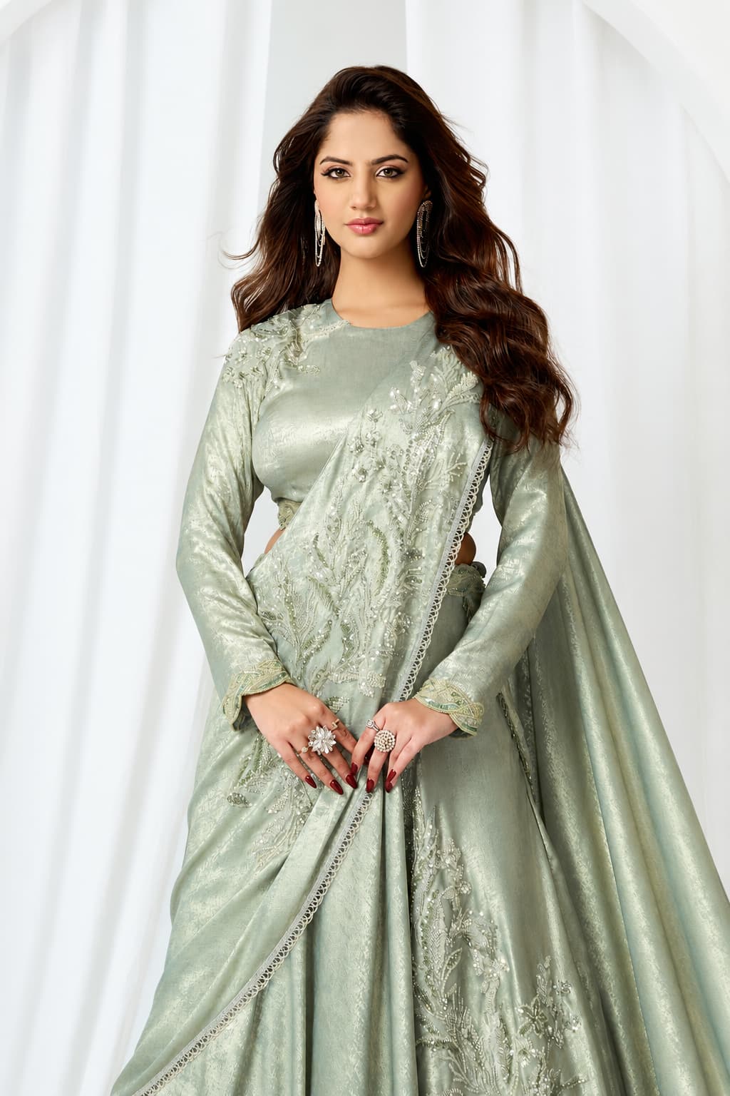 Sage Green Metallic Lustrous Satin Silk Leaf Motifs Cutdana Sequin Work Lehenga Saree
