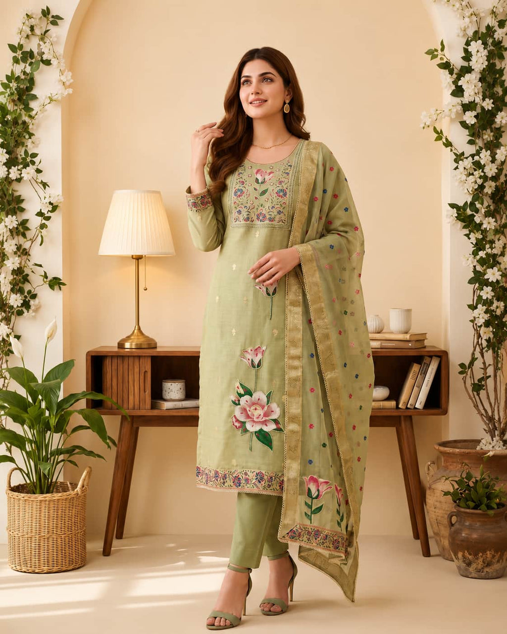 Pistachio Green Pure Banarasi Cotton Machine Work Readymade Suit with Banarasi Dupatta