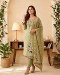 Pistachio Green Pure Banarasi Cotton Machine Work Readymade Suit with Banarasi Dupatta