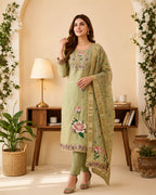 Pistachio Green Pure Banarasi Cotton Machine Work Readymade Suit with Banarasi Dupatta