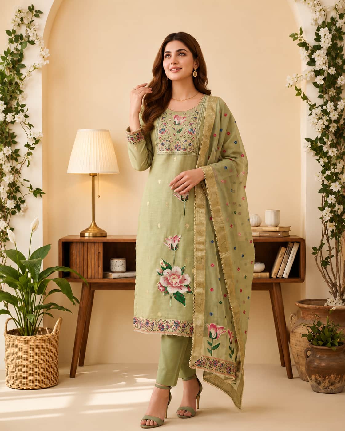 Pistachio Green Pure Banarasi Cotton Machine Work Readymade Suit with Banarasi Dupatta