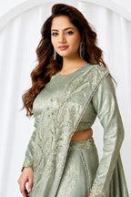Sage Green Metallic Lustrous Satin Silk Leaf Motifs Cutdana Sequin Work Lehenga Saree