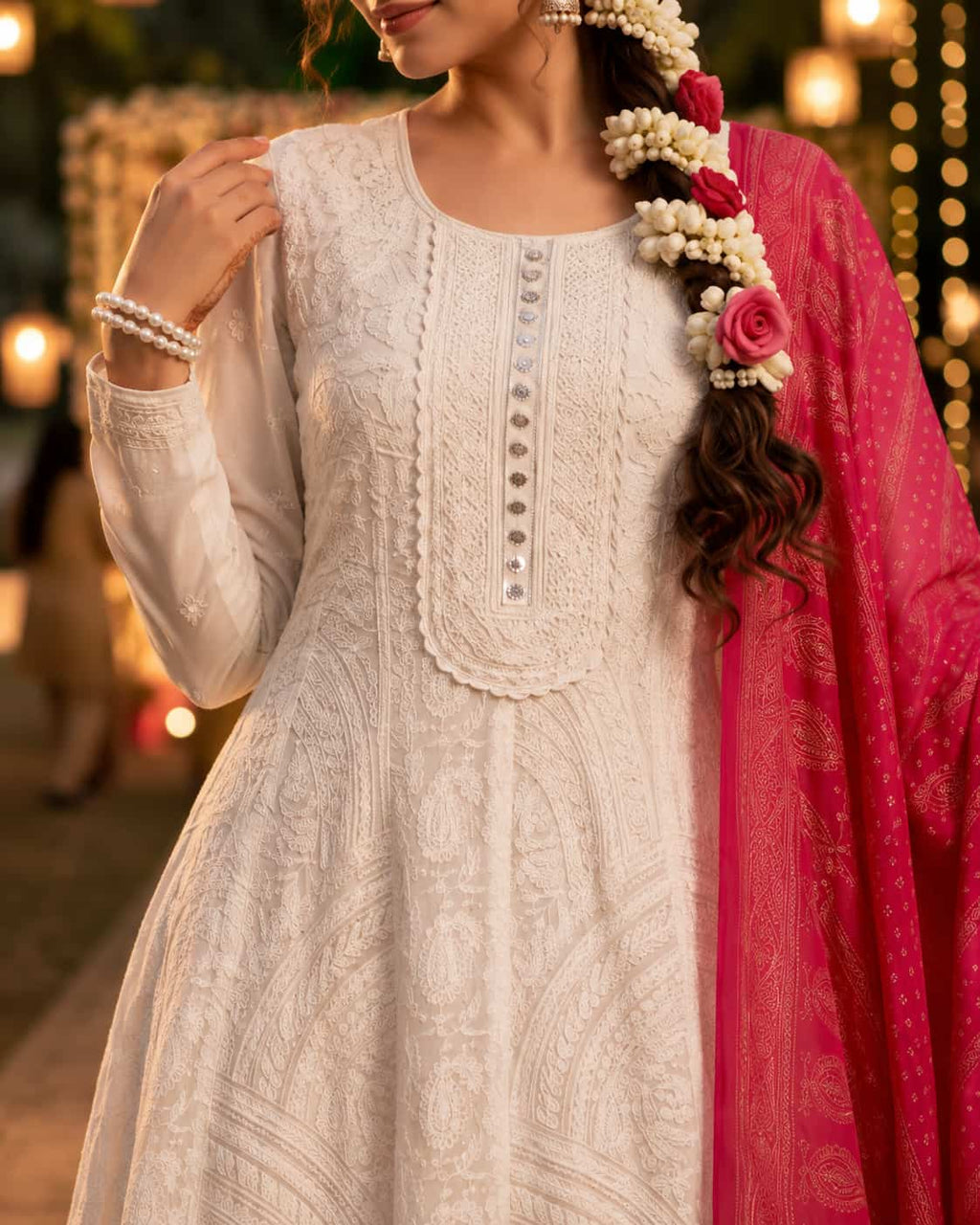 Premium Real Georgette Chikankari Embroidered Readymade Anarkali Suit with Embroidered Dupatta - White & Pink
