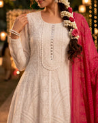 Premium Real Georgette Chikankari Embroidered Readymade Anarkali Suit with Embroidered Dupatta - White & Pink