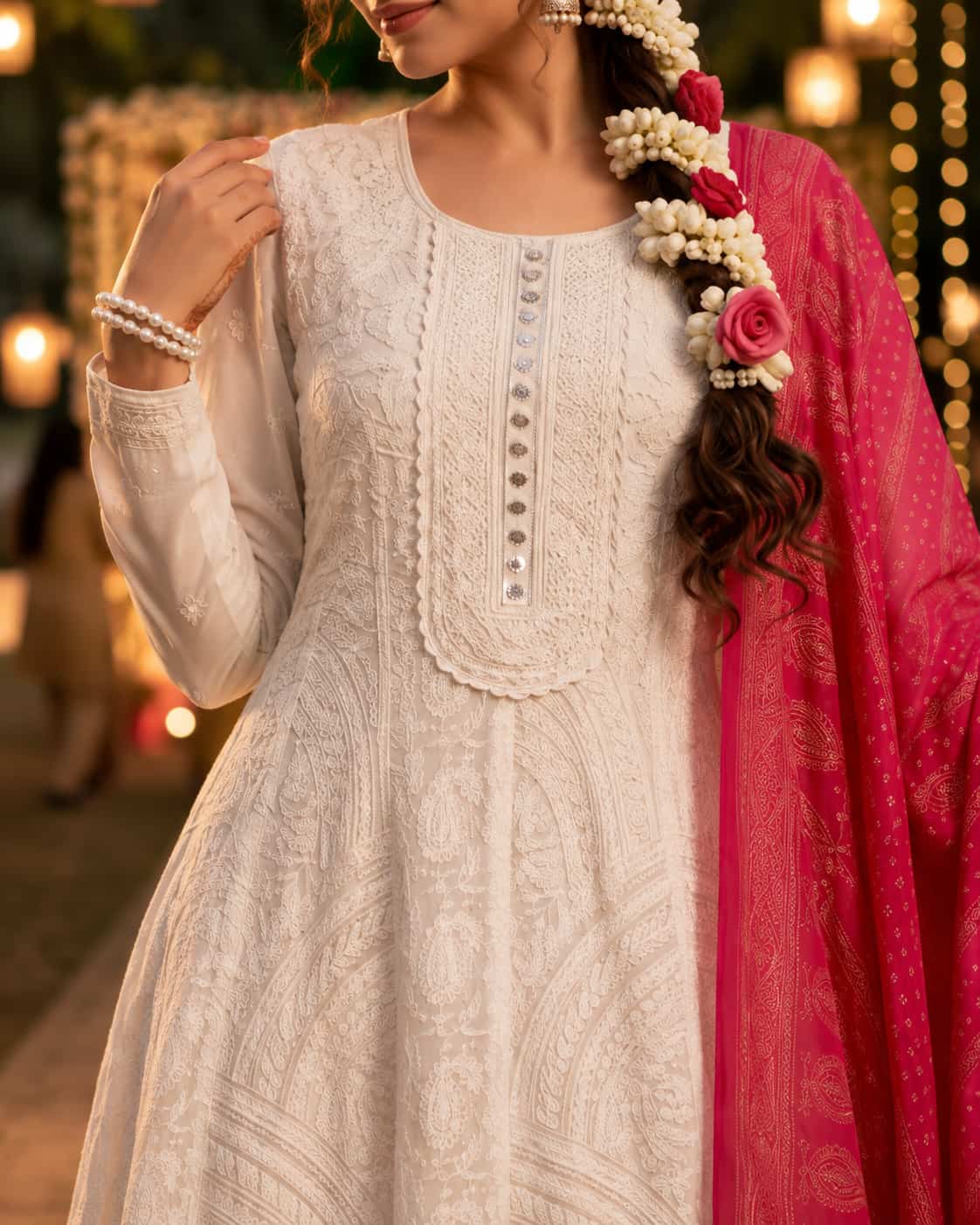 Premium Real Georgette Chikankari Embroidered Readymade Anarkali Suit with Embroidered Dupatta - White & Pink
