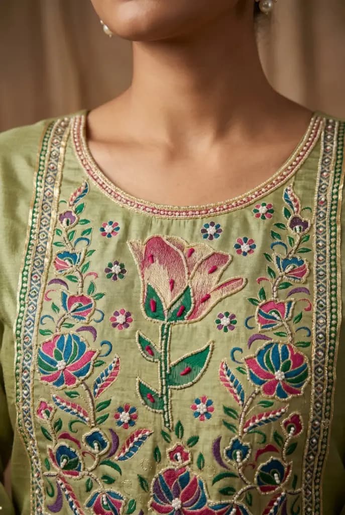 Pistachio Green Pure Banarasi Cotton Machine Work Readymade Suit with Banarasi Dupatta