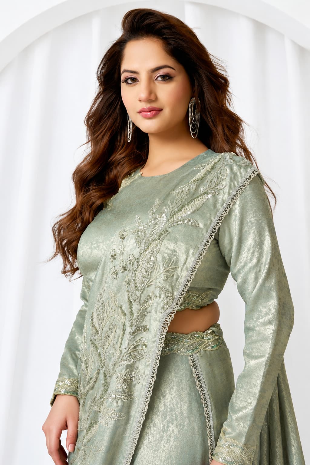 Sage Green Metallic Lustrous Satin Silk Leaf Motifs Cutdana Sequin Work Lehenga Saree