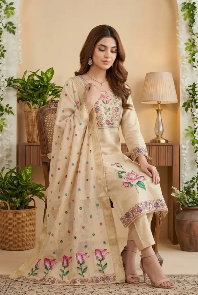 Cream Pure Banarasi Cotton Machine Work Readymade Suit with Banarasi Dupatta