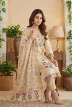 Cream Pure Banarasi Cotton Machine Work Readymade Suit with Banarasi Dupatta