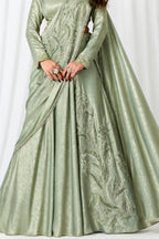 Sage Green Metallic Lustrous Satin Silk Leaf Motifs Cutdana Sequin Work Lehenga Saree