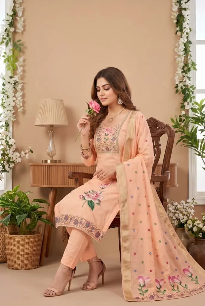 Peach Pure Banarasi Cotton Machine Work Readymade Suit with Banarasi Dupatta
