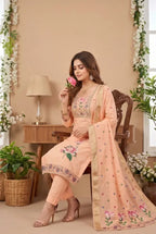 Peach Pure Banarasi Cotton Machine Work Readymade Suit with Banarasi Dupatta
