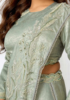Sage Green Metallic Lustrous Satin Silk Leaf Motifs Cutdana Sequin Work Lehenga Saree