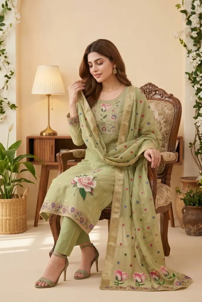 Pistachio Green Pure Banarasi Cotton Machine Work Readymade Suit with Banarasi Dupatta