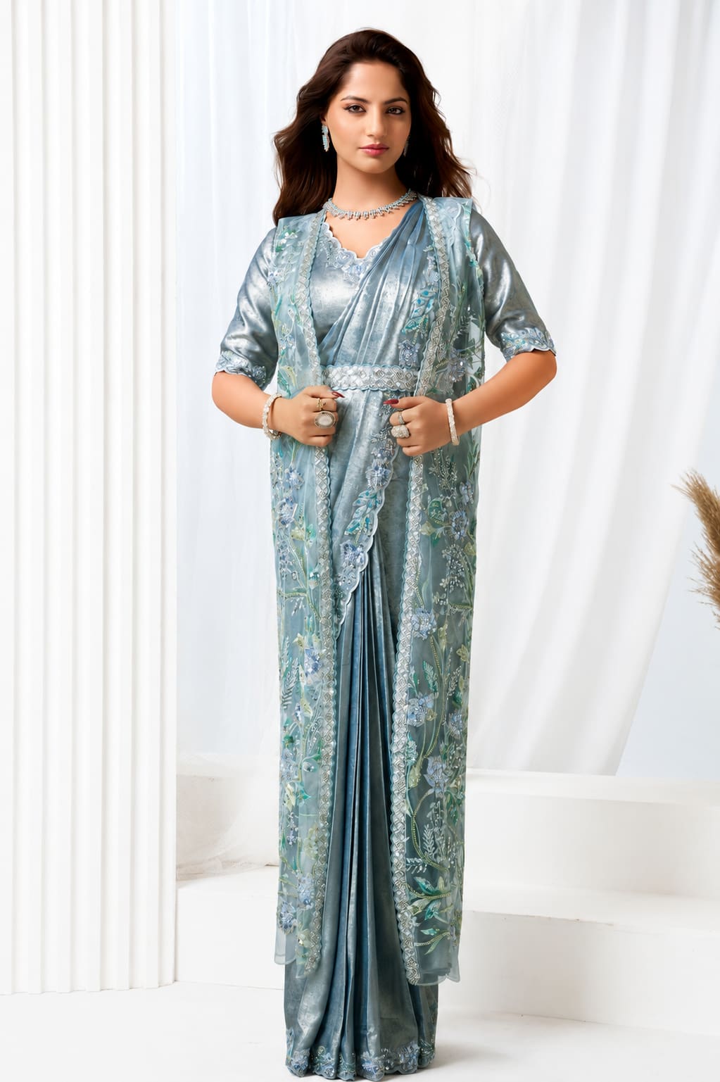 Blue Armani Tulle Premium Quality Work Ready to Wear Saree