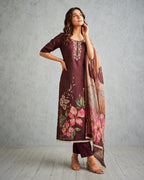 Women's Pure Cotton Lilan Print Handwork Suit - Brown
