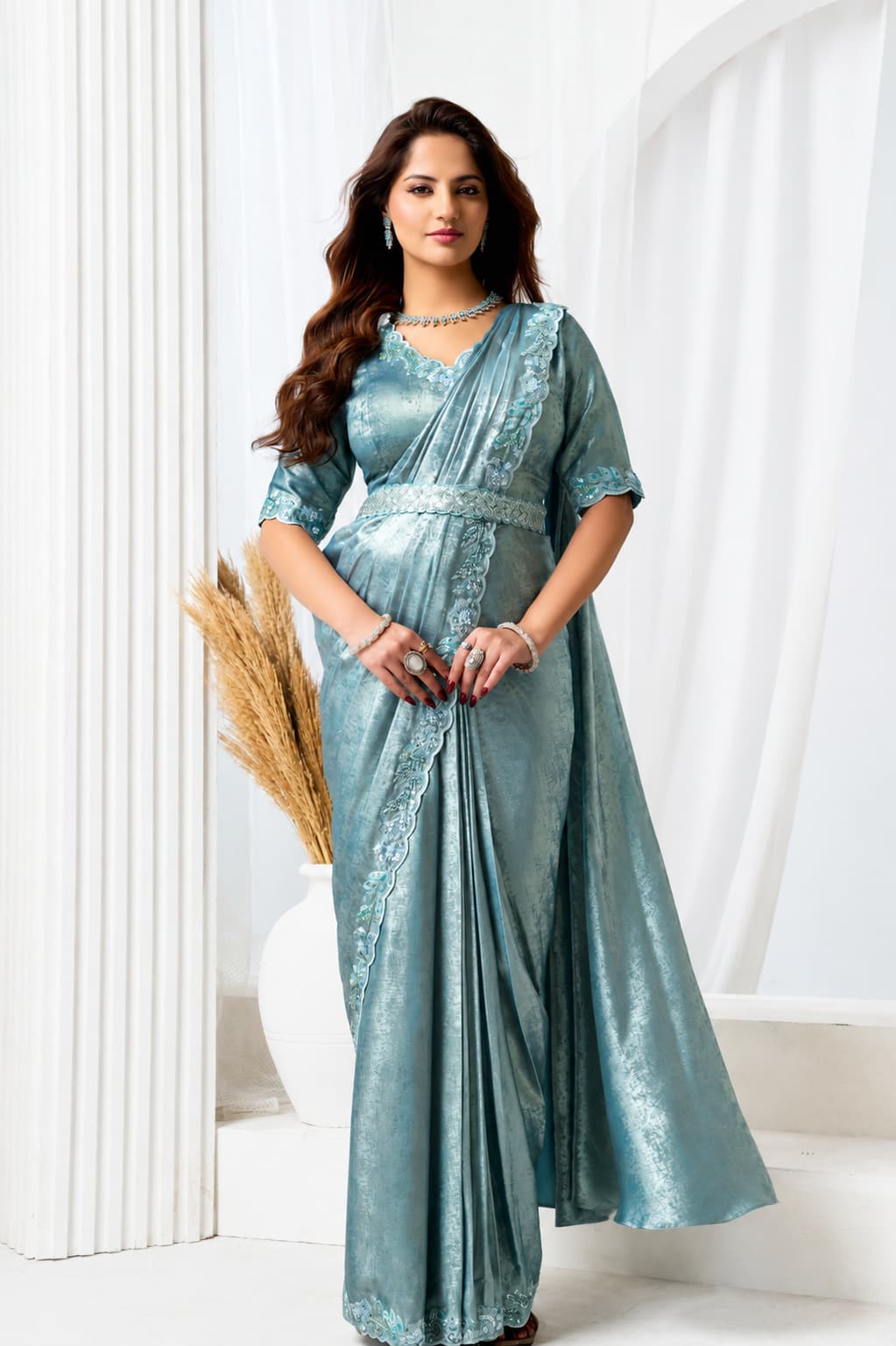 Blue Armani Tulle Premium Quality Work Ready to Wear Saree