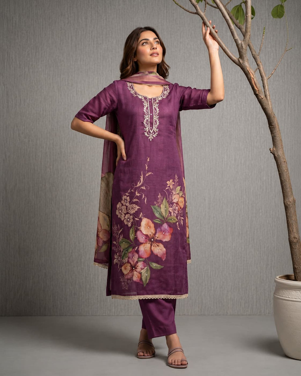 Women's Pure Cotton Lilan Print Handwork Suit - Mauve