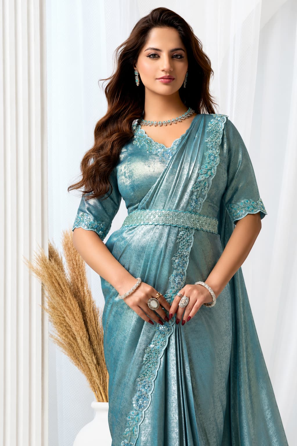 Blue Armani Tulle Premium Quality Work Ready to Wear Saree