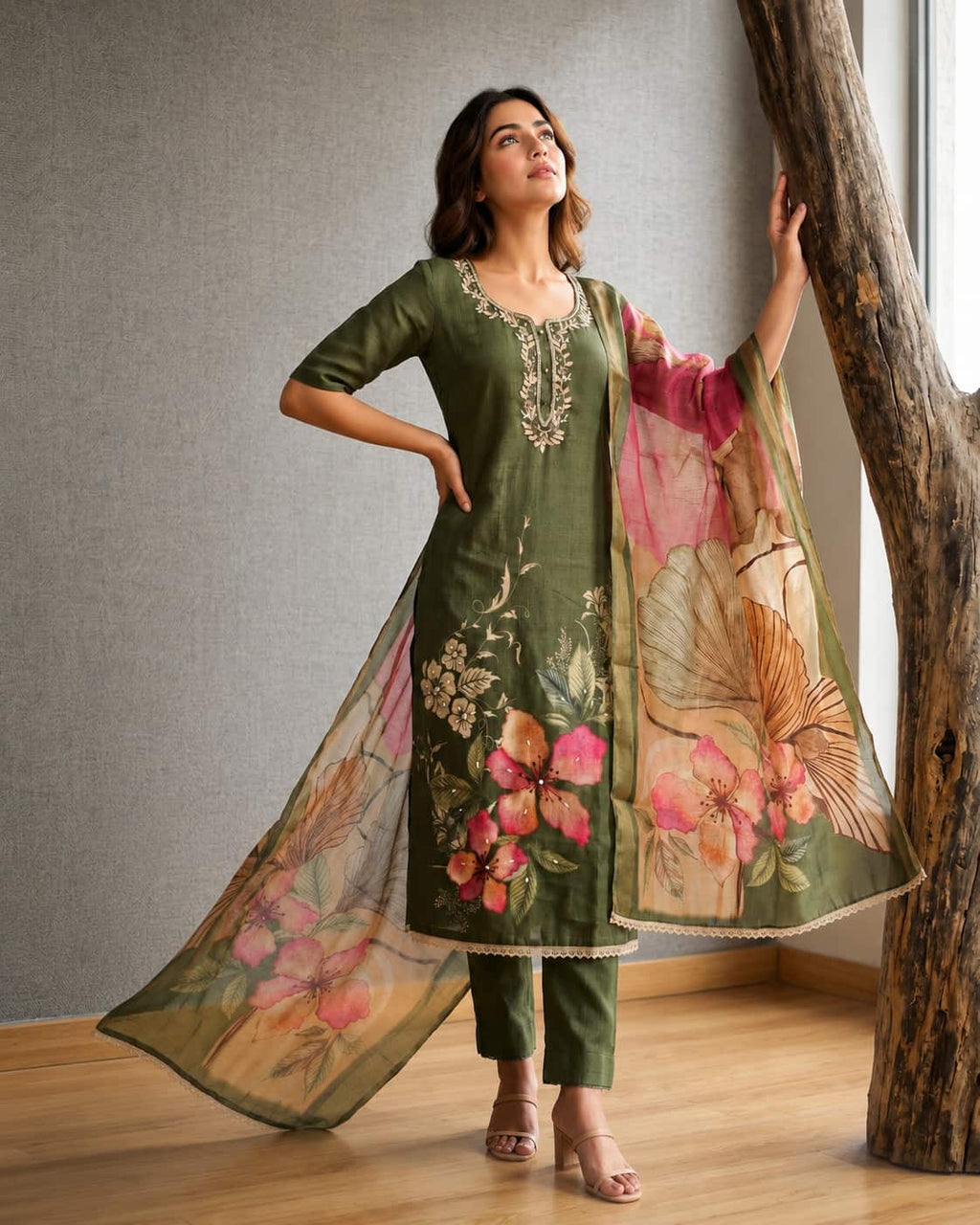 Women's Pure Cotton Lilan Print Handwork Suit - Olive Green