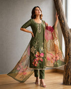 Women's Pure Cotton Lilan Print Handwork Suit - Olive Green