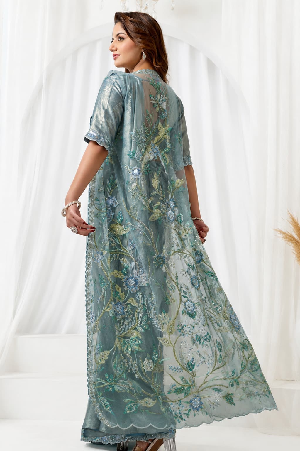 Blue Armani Tulle Premium Quality Work Ready to Wear Saree