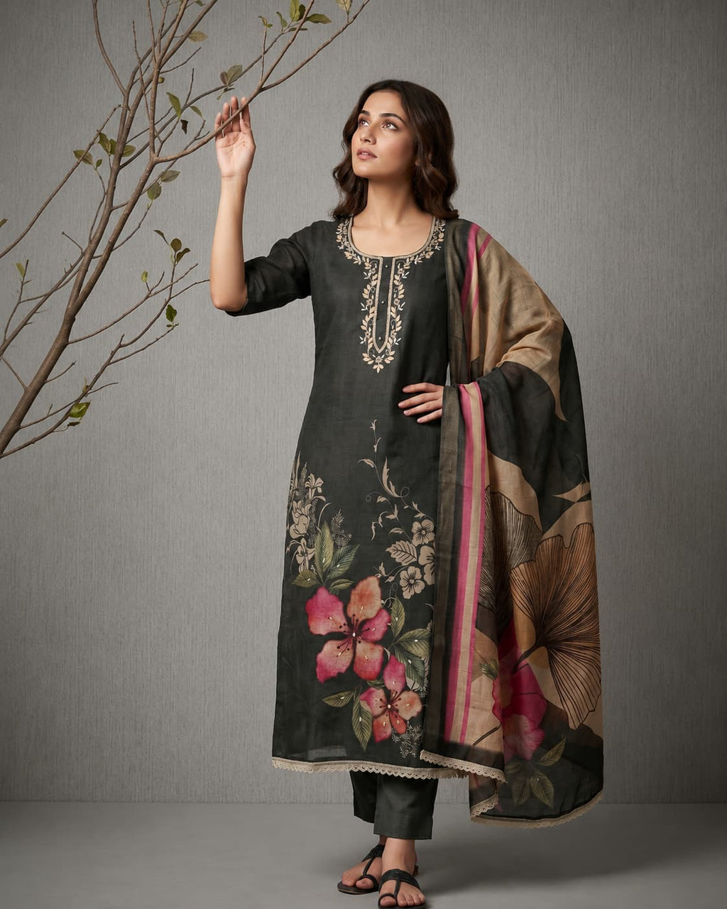 Women's Pure Cotton Lilan Print Handwork Suit - Charcoal Grey