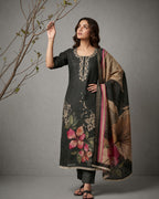 Women's Pure Cotton Lilan Print Handwork Suit - Charcoal Grey