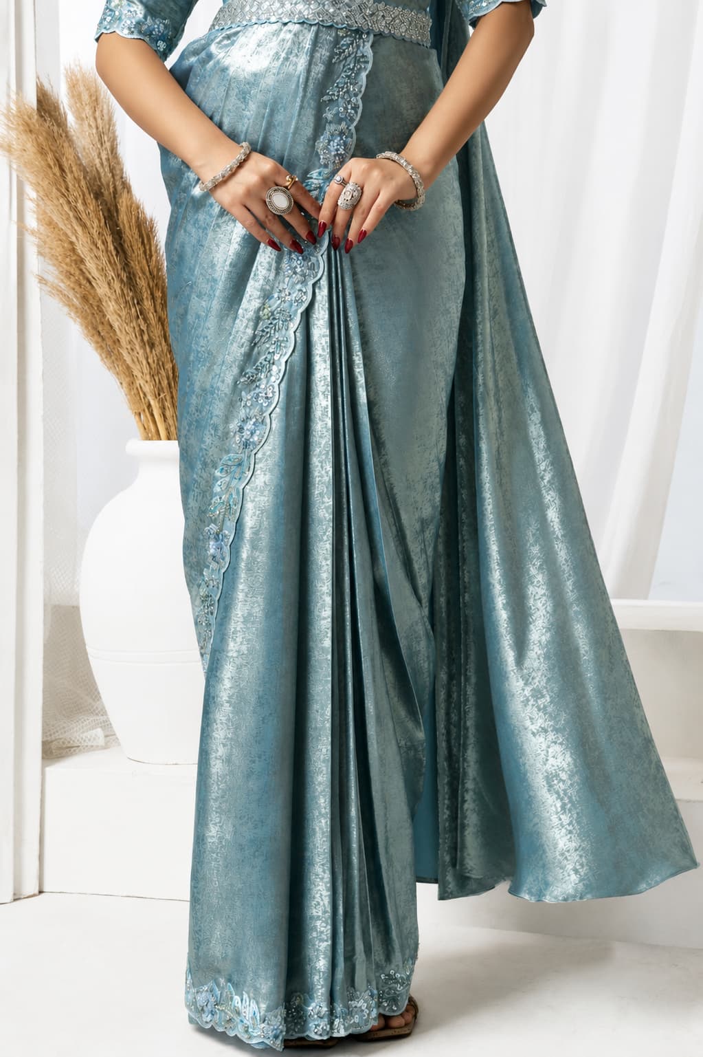 Blue Armani Tulle Premium Quality Work Ready to Wear Saree