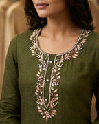 Women's Pure Cotton Lilan Print Handwork Suit - Olive Green