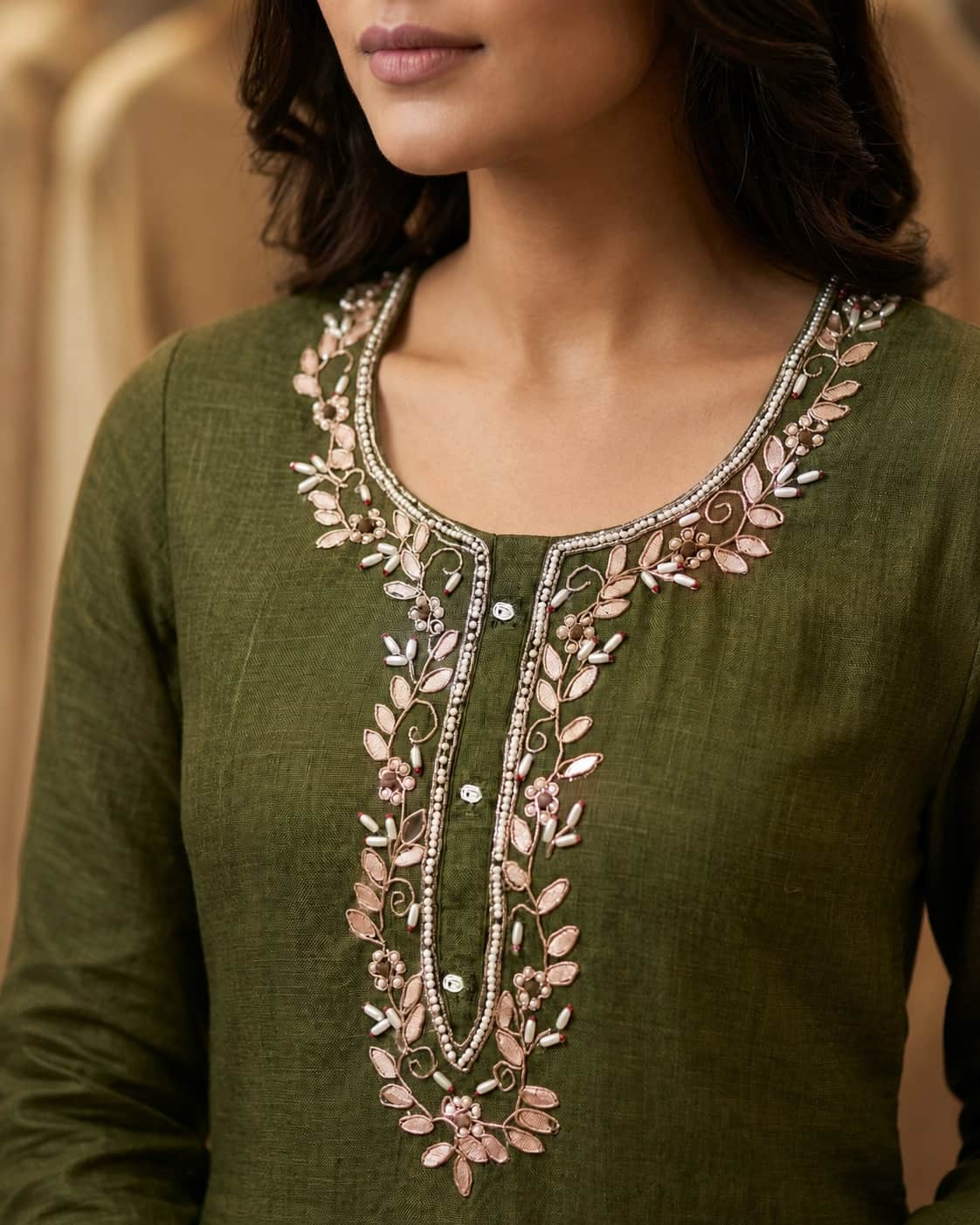 Women's Pure Cotton Lilan Print Handwork Suit - Olive Green