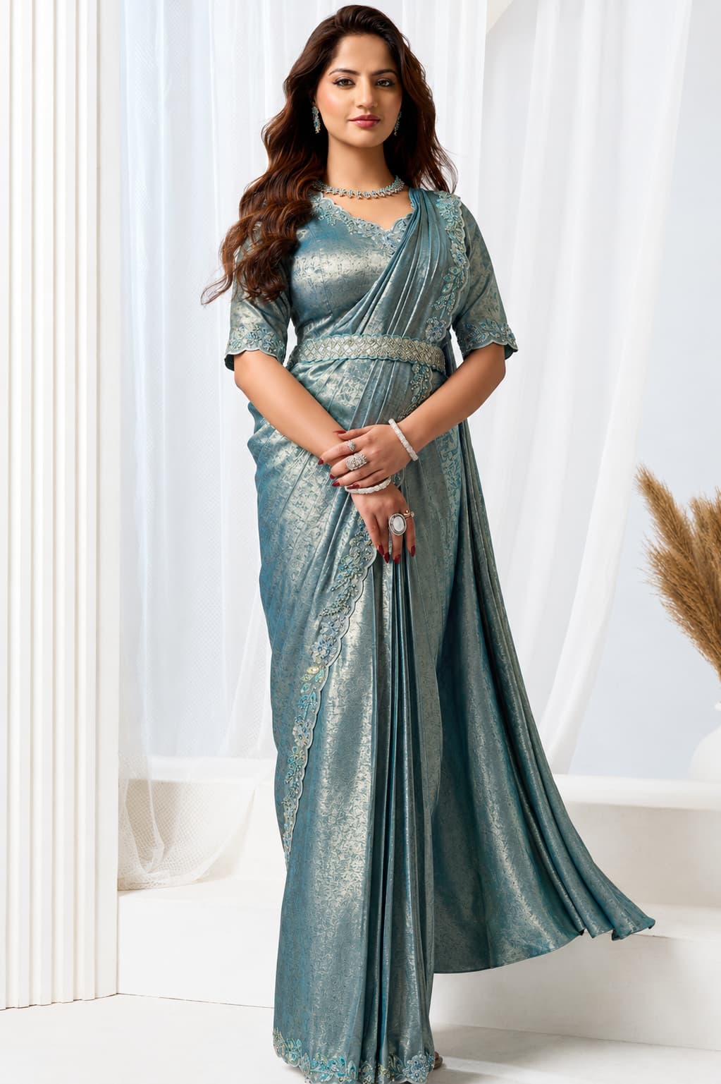 Blue Armani Tulle Premium Quality Work Ready to Wear Saree