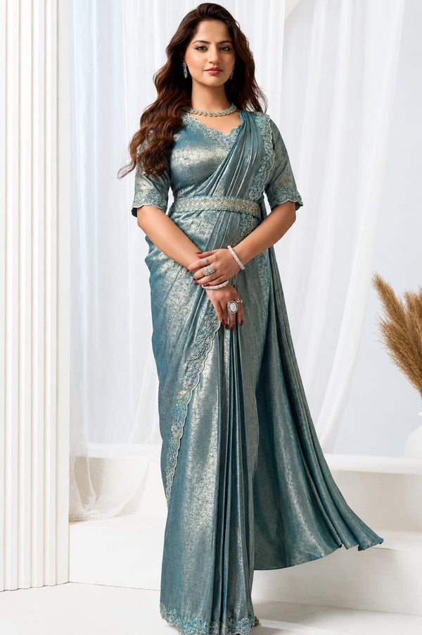 Blue Armani Tulle Premium Quality Work Ready to Wear Saree